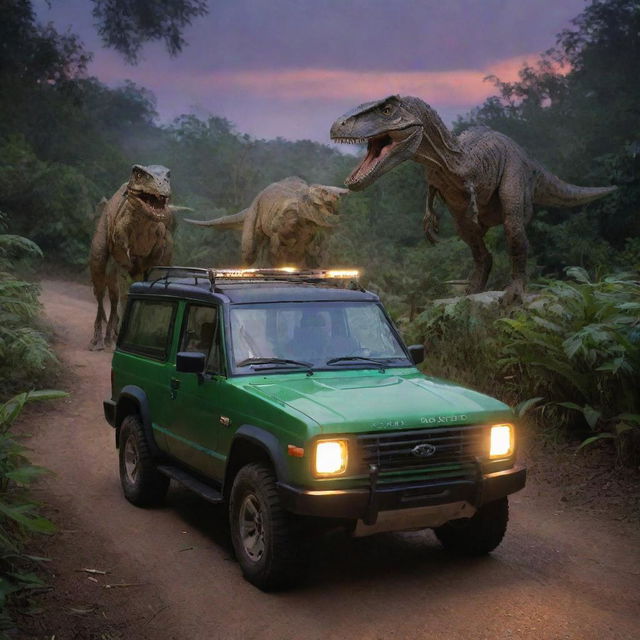 Modify the image to depict John Hammond and Alan Grant returning in the electric vehicle from Velociraptor Paddock to the Visitor Center at dusk, the Center's lights illuminating the surrounding jungle.