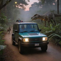 Modify the image to depict John Hammond and Alan Grant returning in the electric vehicle from Velociraptor Paddock to the Visitor Center at dusk, the Center's lights illuminating the surrounding jungle.