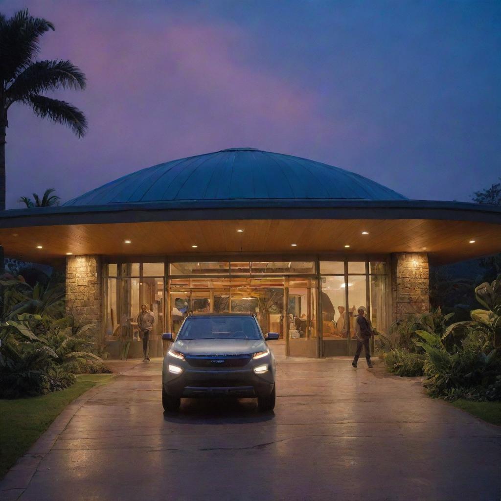 Change the image to show Alan Grant and John Hammond stepping out of the electric vehicle and reentering the brightly lit Visitor Center of Jurassic Park, its futuristic architecture contrasted with the evening sky.