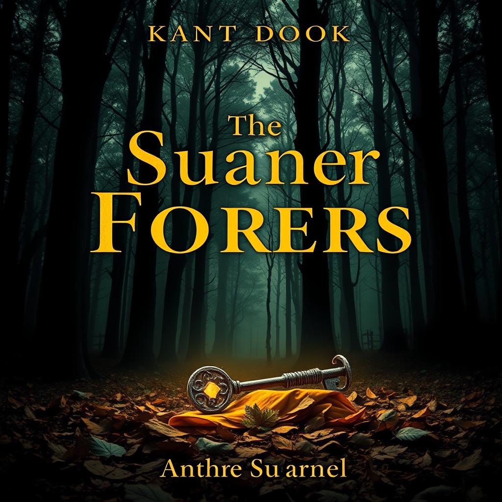 A captivating book cover design featuring a mysterious forest with tall, dark trees casting intricate shadows