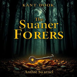 A captivating book cover design featuring a mysterious forest with tall, dark trees casting intricate shadows