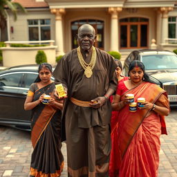 In an upscale environment, an older African male of average height is dressed in traditional attire embellished with shimmering gold chains