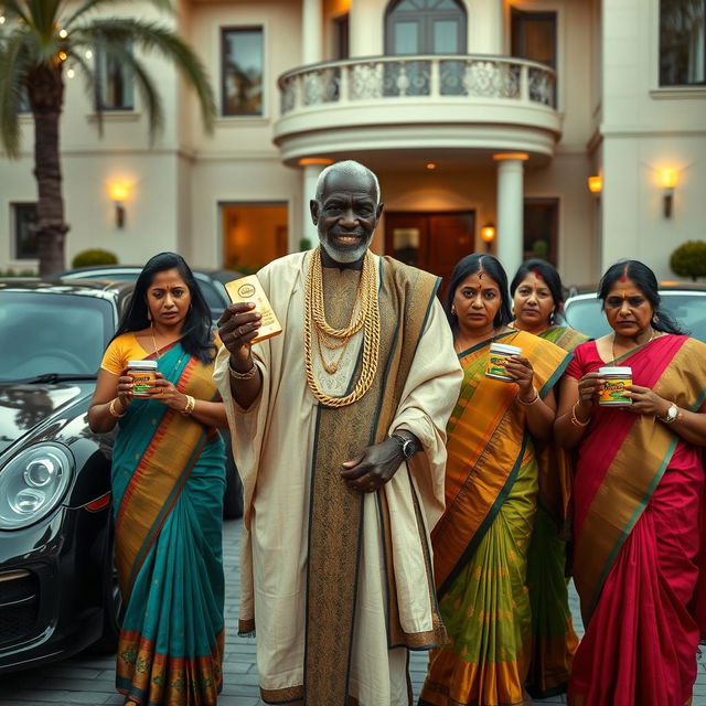 In an upscale environment, an older African male of average height is dressed in traditional attire embellished with shimmering gold chains