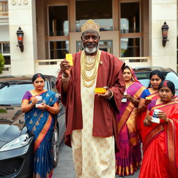 In an upscale environment, an older African male of average height is dressed in traditional attire embellished with shimmering gold chains