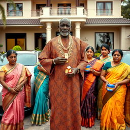 In an upscale environment, an older African male of average height is dressed in traditional attire embellished with shimmering gold chains
