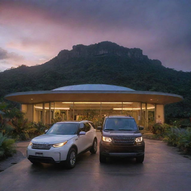 Change the image to show Alan Grant and John Hammond stepping out of the electric vehicle and reentering the brightly lit Visitor Center of Jurassic Park, its futuristic architecture contrasted with the evening sky.