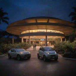 Change the image to show Alan Grant and John Hammond stepping out of the electric vehicle and reentering the brightly lit Visitor Center of Jurassic Park, its futuristic architecture contrasted with the evening sky.