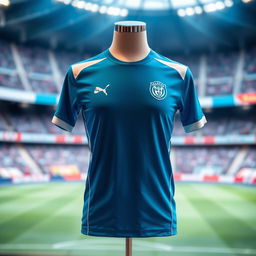 A cool blue jersey with a sleek design, featuring vibrant white accents and a logo on the front