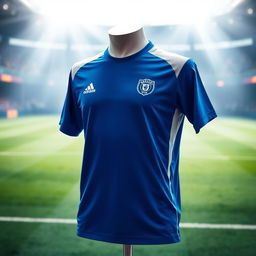 A cool blue jersey with a sleek design, featuring vibrant white accents and a logo on the front