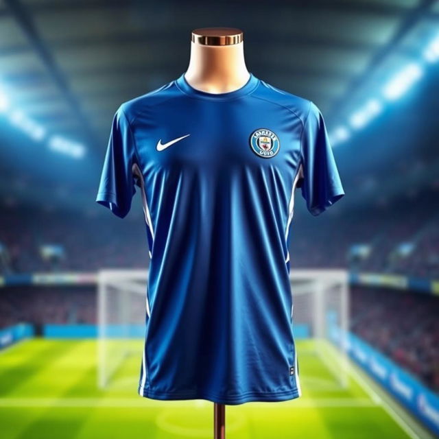 A cool blue jersey with a sleek design, featuring vibrant white accents and a logo on the front