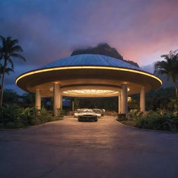 Change the image to show Alan Grant and John Hammond stepping out of the electric vehicle and reentering the brightly lit Visitor Center of Jurassic Park, its futuristic architecture contrasted with the evening sky.