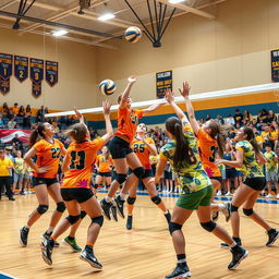 A dynamic and colorful sports scene featuring a volleyball match in an indoor gym