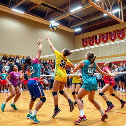 A dynamic and colorful sports scene featuring a volleyball match in an indoor gym