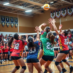 A dynamic and colorful sports scene featuring a volleyball match in an indoor gym