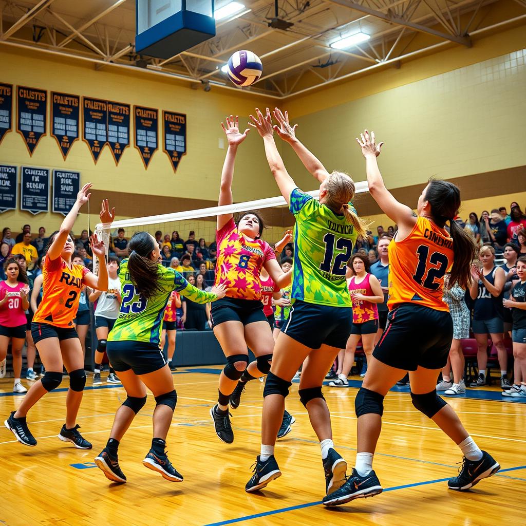 A dynamic and colorful sports scene featuring a volleyball match in an indoor gym