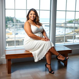 A curvy woman seated comfortably on a wooden bench inside a bright room with large windows showcasing a picturesque view of St Ives harbour