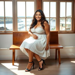 A curvy woman seated comfortably on a wooden bench inside a bright room with large windows showcasing a picturesque view of St Ives harbour