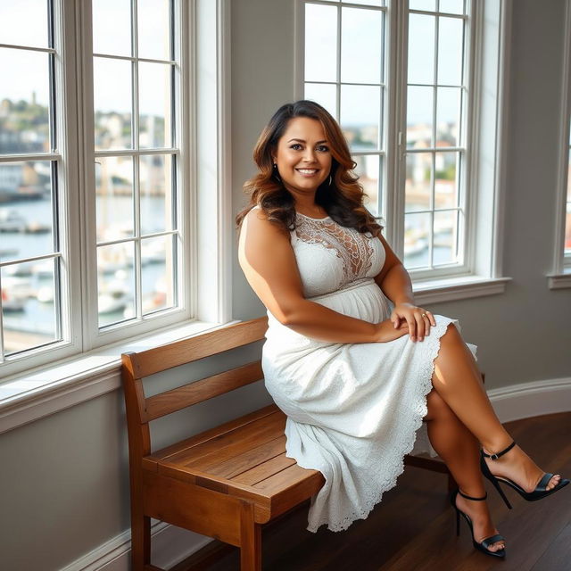 A curvy woman seated comfortably on a wooden bench inside a bright room with large windows showcasing a picturesque view of St Ives harbour