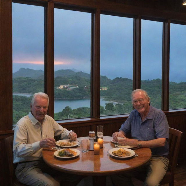 Adjust the image to present Alan Grant and John Hammond enjoying a dinner at the bustling restaurant inside the Visitor Center, with expansive windows providing views of the nighttime Isla Nublar.