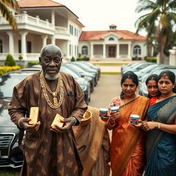 In a lavish outdoor setting, an older African male of shorter stature is dressed in traditional attire embellished with sparkling gold chains