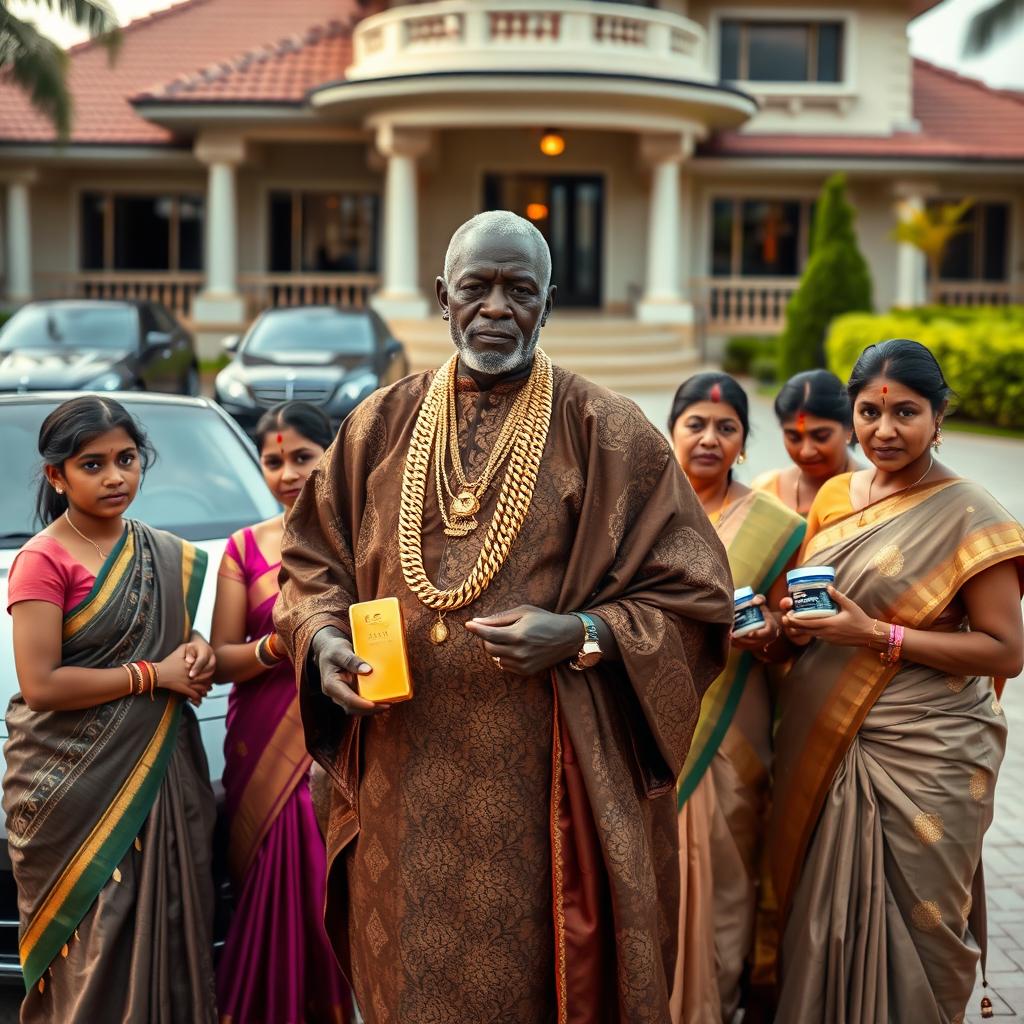 In a lavish outdoor setting, an older African male of shorter stature is dressed in traditional attire embellished with sparkling gold chains