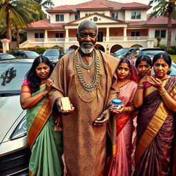 In a lavish outdoor setting, an older African male of shorter stature is dressed in traditional attire embellished with sparkling gold chains