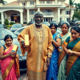 In a lavish outdoor setting, an older African male of shorter stature is dressed in traditional attire embellished with sparkling gold chains