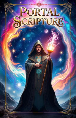 A captivating front cover design featuring a mysterious spiritual magician standing in an enchanting, ethereal landscape