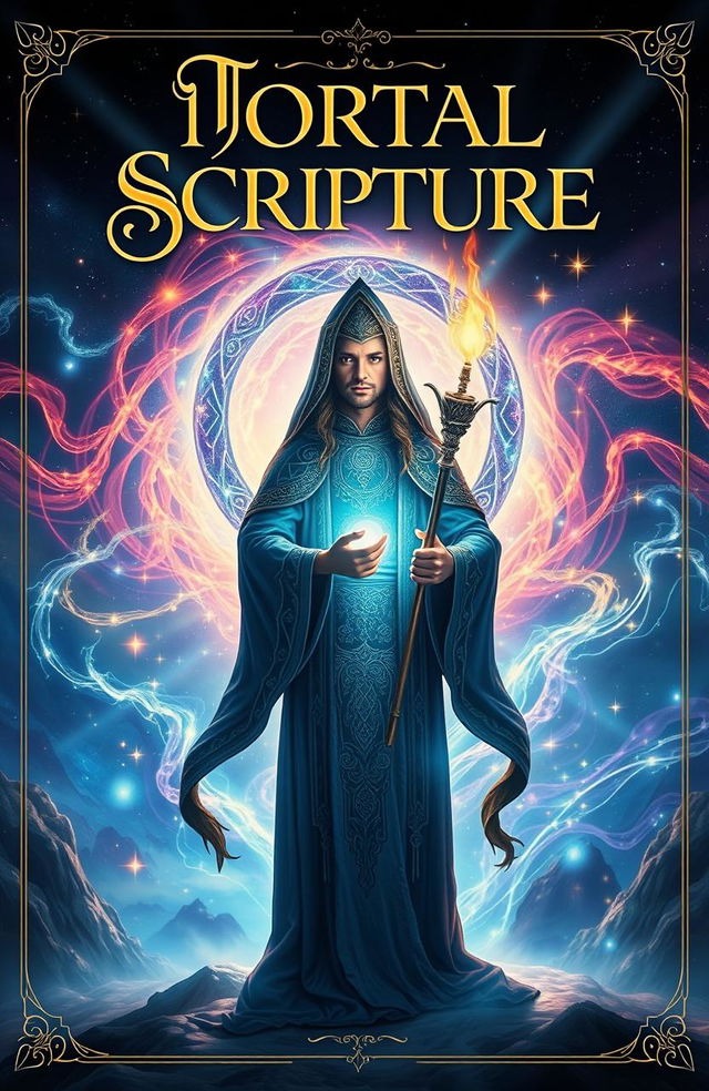 A captivating front cover design featuring a mysterious spiritual magician standing in an enchanting, ethereal landscape