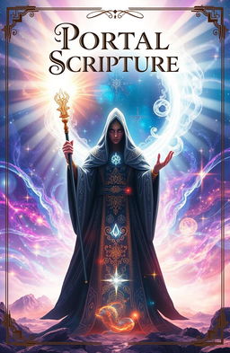 A captivating front cover design featuring a mysterious spiritual magician standing in an enchanting, ethereal landscape