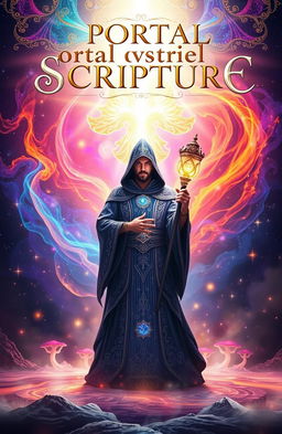 A captivating front cover design featuring a mysterious spiritual magician standing in an enchanting, ethereal landscape