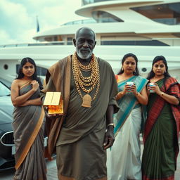 In an extravagant scene by a luxurious yacht, an older African male of shorter stature is dressed in traditional attire layered with shimmering gold chains