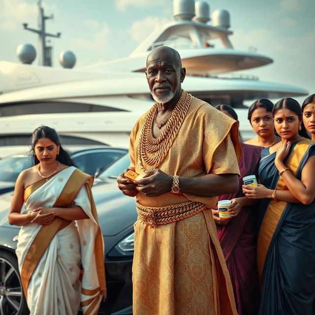 In an extravagant scene by a luxurious yacht, an older African male of shorter stature is dressed in traditional attire layered with shimmering gold chains