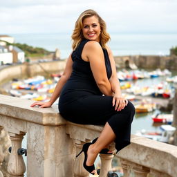 A curvy 40 year old woman sits gracefully on a stone balustrade with a decorative metal railing, turned slightly to show a three-quarter view to the camera