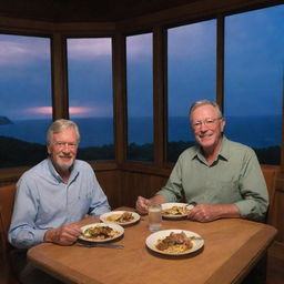 Adjust the image to present Alan Grant and John Hammond enjoying a dinner at the bustling restaurant inside the Visitor Center, with expansive windows providing views of the nighttime Isla Nublar.