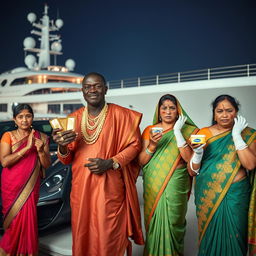In a striking scene by an opulent yacht, an African male of shorter stature is dressed in traditional attire adorned with glimmering gold chains