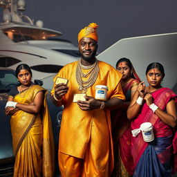 In a striking scene by an opulent yacht, an African male of shorter stature is dressed in traditional attire adorned with glimmering gold chains