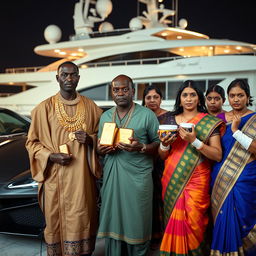 In a striking scene by an opulent yacht, an African male of shorter stature is dressed in traditional attire adorned with glimmering gold chains