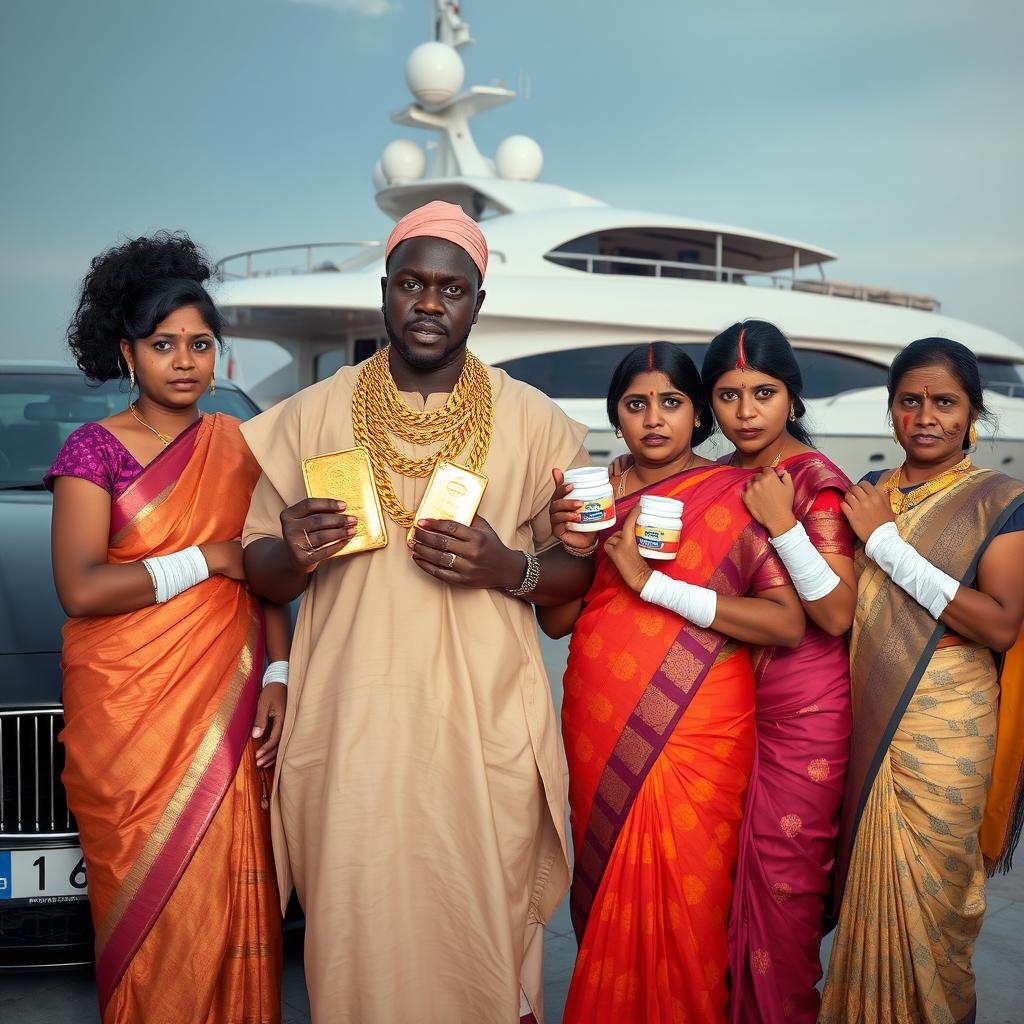 In a striking scene by an opulent yacht, an African male of shorter stature is dressed in traditional attire adorned with glimmering gold chains