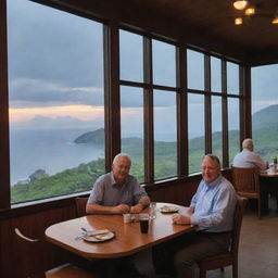 Adjust the image to present Alan Grant and John Hammond enjoying a dinner at the bustling restaurant inside the Visitor Center, with expansive windows providing views of the nighttime Isla Nublar.