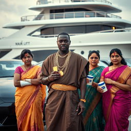 In a dramatic scene by a luxurious yacht, an African male of shorter stature is dressed in traditional attire adorned with glimmering gold chains