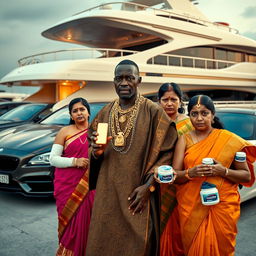 In a dramatic scene by a luxurious yacht, an African male of shorter stature is dressed in traditional attire adorned with glimmering gold chains