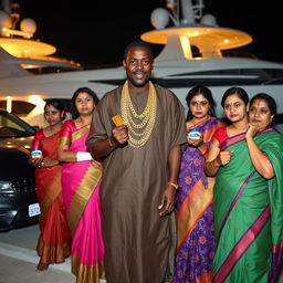 In a dramatic scene by a luxurious yacht, an African male of shorter stature is dressed in traditional attire adorned with glimmering gold chains