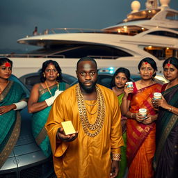 In a dramatic scene by a luxurious yacht, an African male of shorter stature is dressed in traditional attire adorned with glimmering gold chains