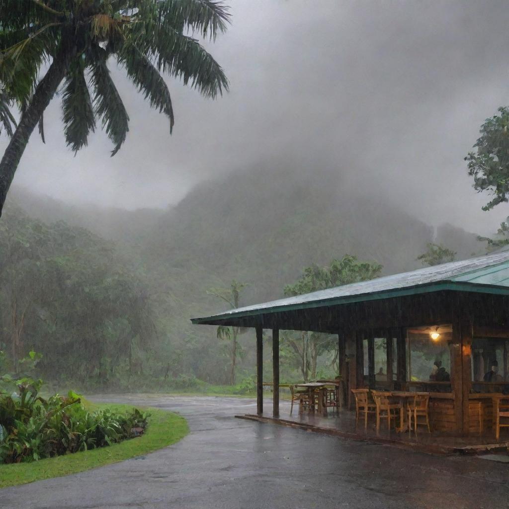 Modify the image to evoke a sudden rainstorm on Isla Nublar, with the trees swaying in the wind and rain tapping on the Visitor Center windows, while Alan Grant and John Hammond continue their meal.