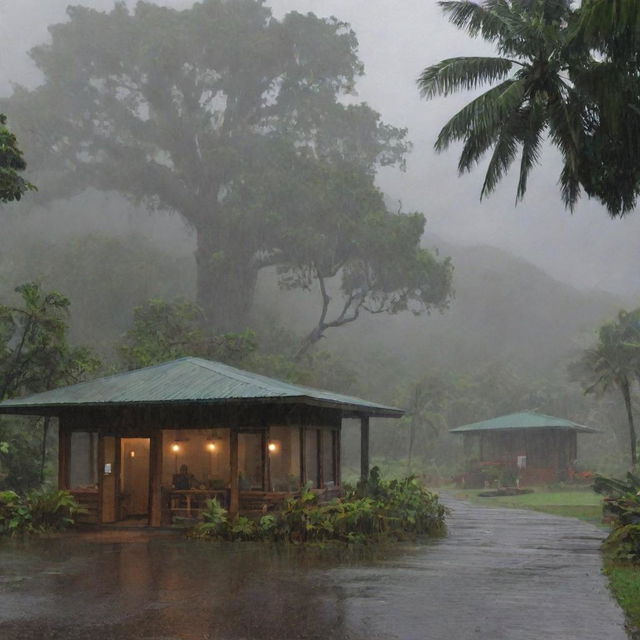 Modify the image to evoke a sudden rainstorm on Isla Nublar, with the trees swaying in the wind and rain tapping on the Visitor Center windows, while Alan Grant and John Hammond continue their meal.