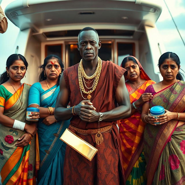 In an intense scene set outside a lavish yacht, an African male of shorter stature is adorned in traditional attire with sparkling gold chains, confidently holding a gleaming gold bar