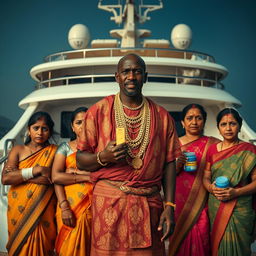 In an intense scene set outside a lavish yacht, an African male of shorter stature is adorned in traditional attire with sparkling gold chains, confidently holding a gleaming gold bar