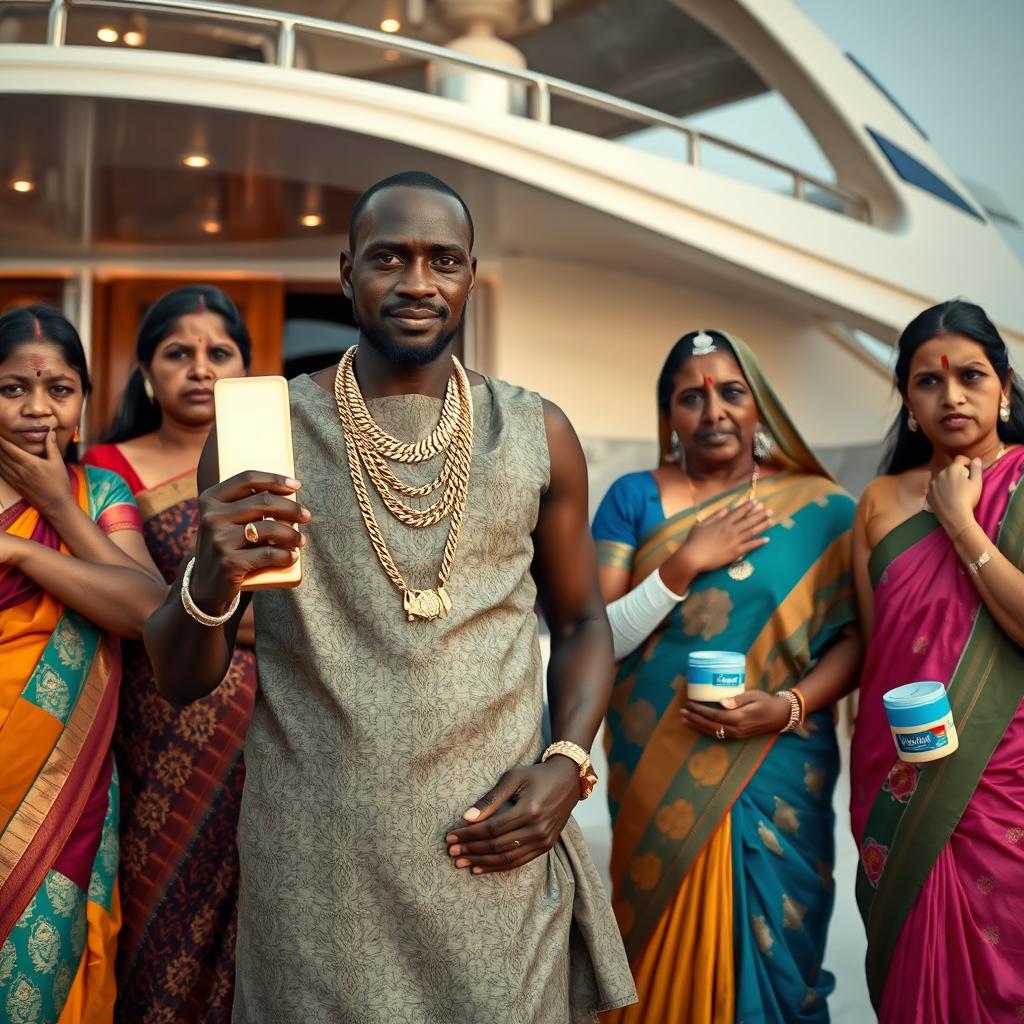 In an intense scene set outside a lavish yacht, an African male of shorter stature is adorned in traditional attire with sparkling gold chains, confidently holding a gleaming gold bar