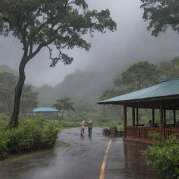 Modify the image to evoke a sudden rainstorm on Isla Nublar, with the trees swaying in the wind and rain tapping on the Visitor Center windows, while Alan Grant and John Hammond continue their meal.